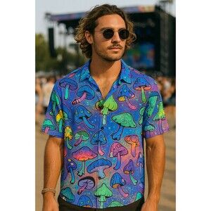 Hardaddy XXL Psychedelic Mushroom Button-Up Shirt Trippy Rainbow Print Short...